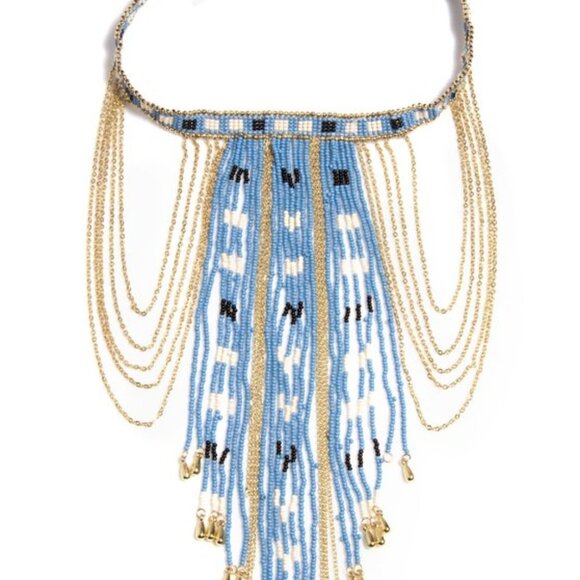 NWT! Sarimah Blue Gold Beaded Boho Bib Choker - Picture 1 of 1
